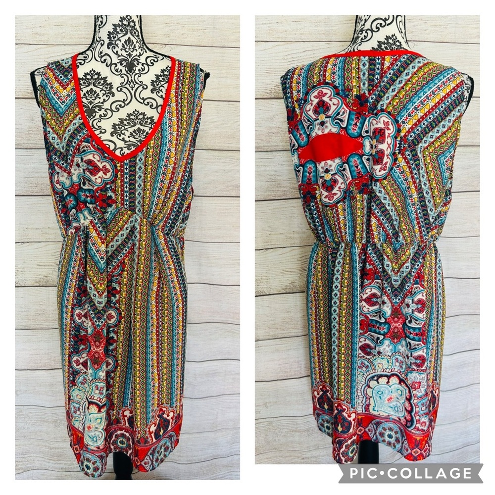 Spin USA Women’s Plus Colorful Paisley Boho V-Neck Sleeveless Dress